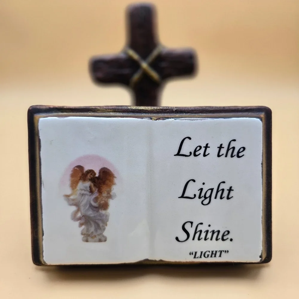 Religious Cross Book Planter Figurine Angel Let the‎ Light Shine 